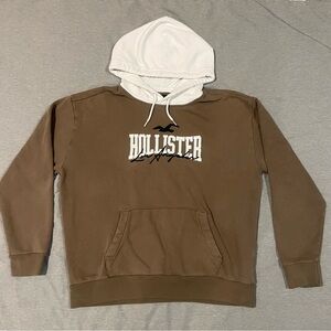 Hollister Brown and White Pullover Hoodie Size L Y2K Logo Graphic Sweatshirt